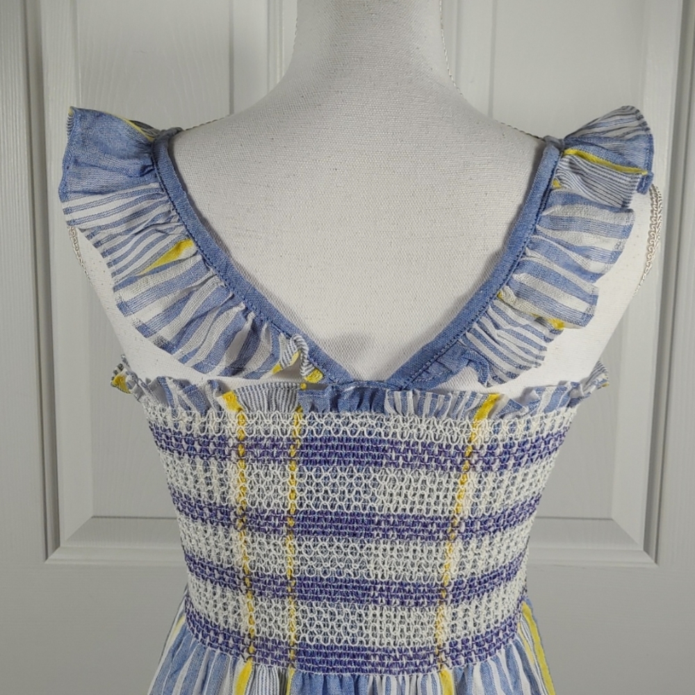 NWT Cotton Maxi Dress Sundress w/ Ruffle Straps Striped Blue Yellow & White - Picture 11 of 17